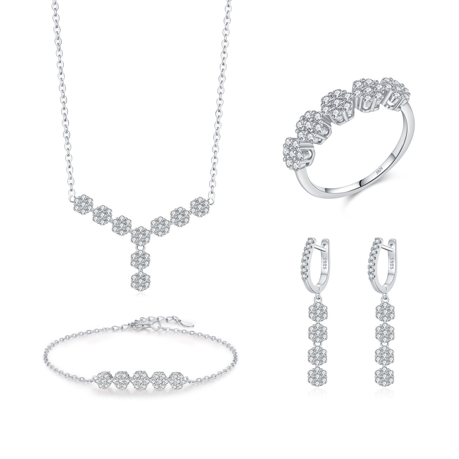 Conjunto Flor Viora | Collar, Anillo, Pendientes y Pulsera en Plata 925