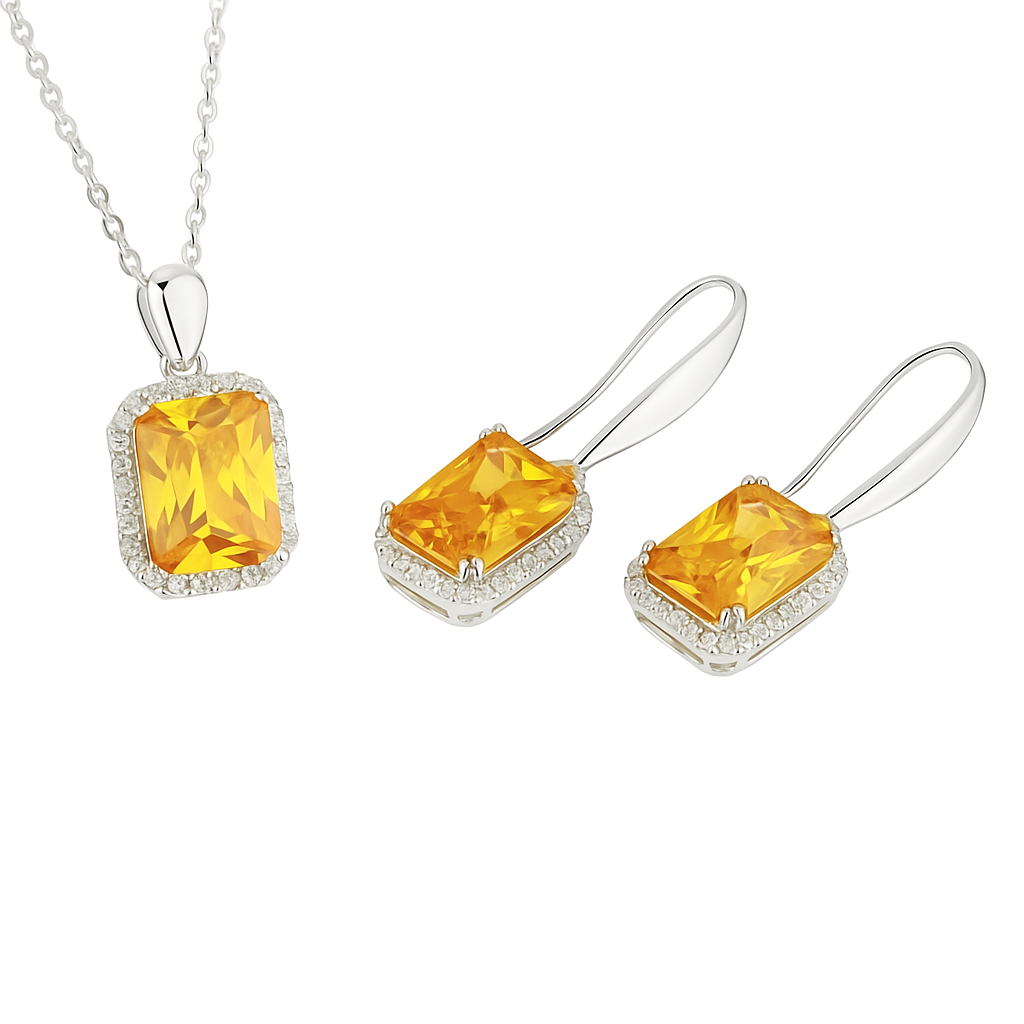 Conjunto Princess Square Viora | Colar e Brincos em Prata 925