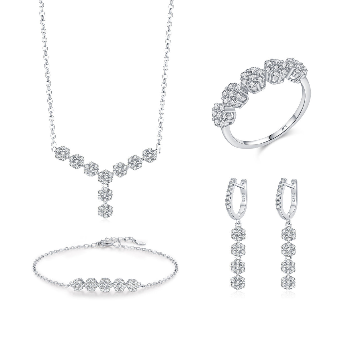 Conjunto Flor Viora | Collar, Anillo, Pendientes y Pulsera en Plata 925